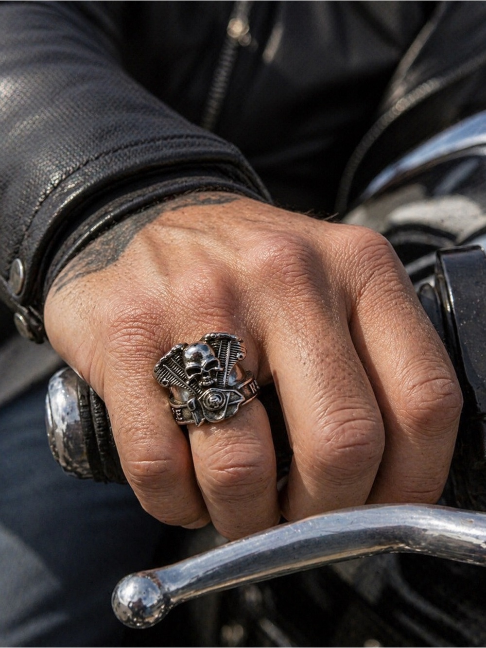 Stainless Steel Biker Skull Ring Love to Ride Adjustable Motorcycle Band